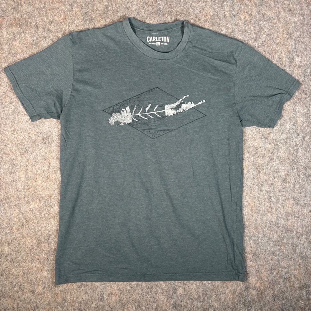 Carleton Long Island Map‎ Graphic Tee Mens L Gray Fish Skeleton Fishing Surf NY
